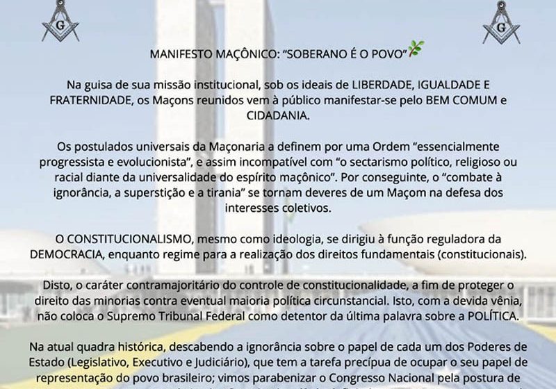  Maçons divulgam manifesto e cobram ação do Legislativo na defesa da Constituição e da democracia