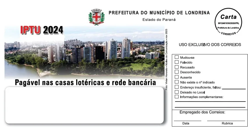  Município inicia o envio de 279.105 carnês do IPTU 2024 em Londrina