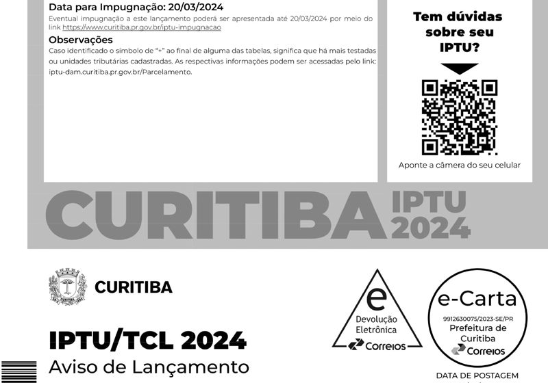  IPTU 2024 começa a ser entregue em Curitiba; vencimento é em 20 de março