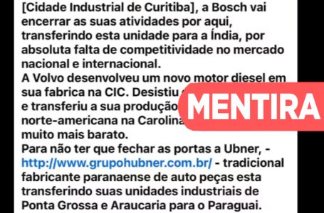 Fake News: Bosch e Volvo não vão deixar a Cidade Industrial de Curitiba